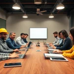 Collaboration in a construction member organization meeting, showcasing teamwork among industry professionals.