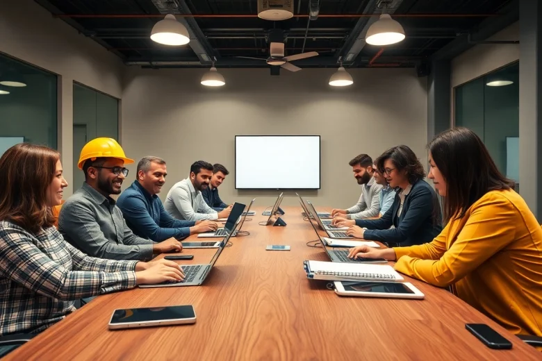 Collaboration in a construction member organization meeting, showcasing teamwork among industry professionals.