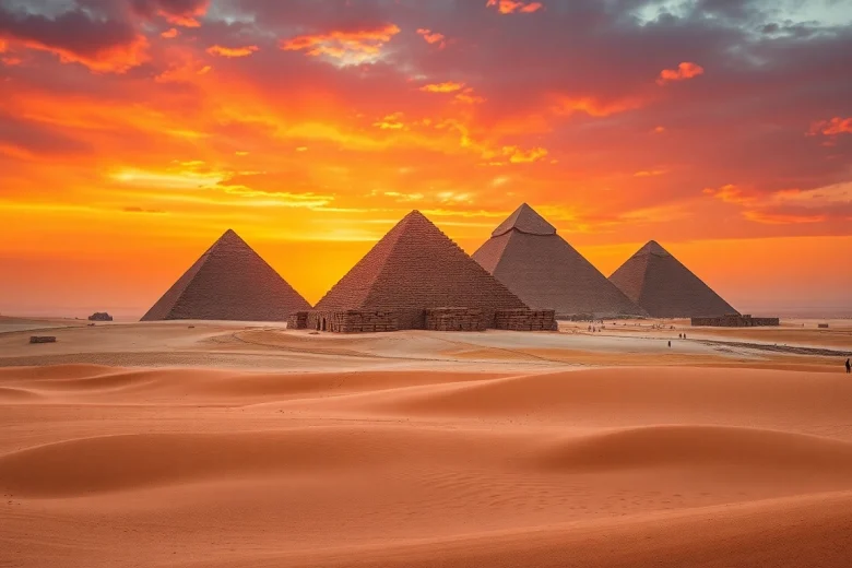 Visitors marvel at the iconic piraminds against a dramatic sunset backdrop in Giza.