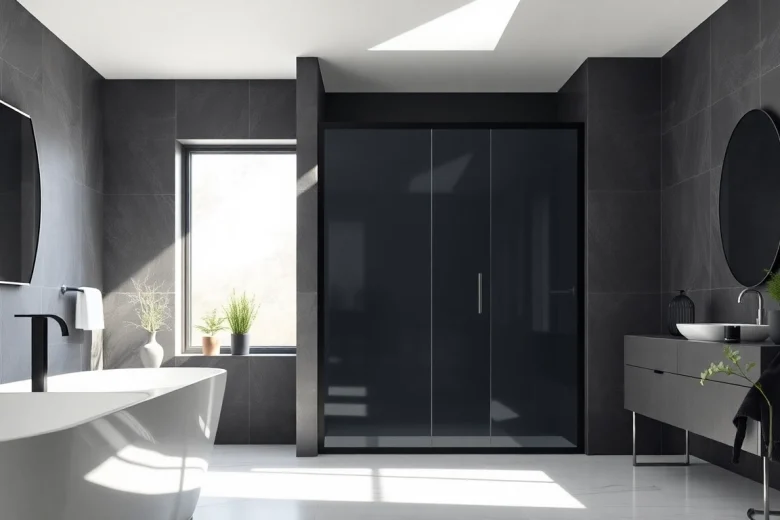 Showcasing a stylish shower door black frame in a modern bathroom, featuring elegant design.