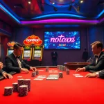 Glamorous casino scene showcasing poker action and nonton film indoxxi in neon lights.