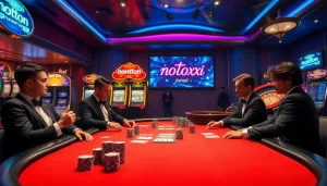 Glamorous casino scene showcasing poker action and nonton film indoxxi in neon lights.