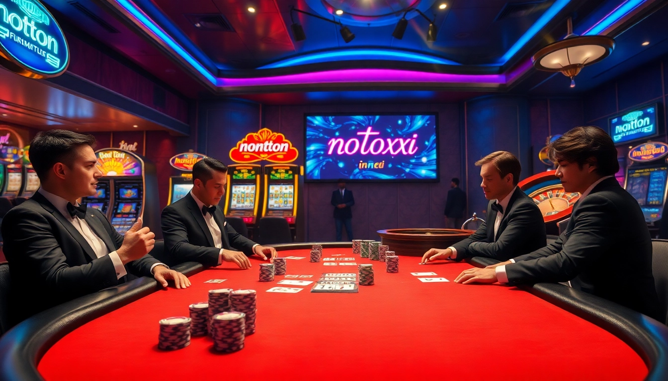 Glamorous casino scene showcasing poker action and nonton film indoxxi in neon lights.