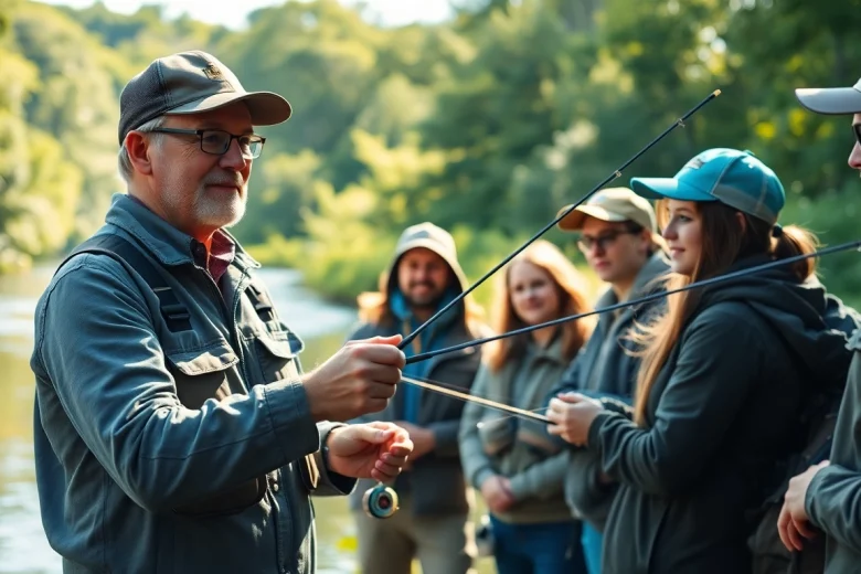 Fly fishing lessons near me with a professional instructor teaching students by a tranquil river.