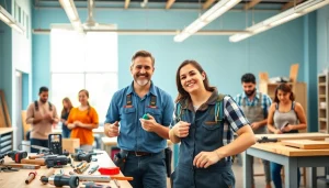 Students actively learning at hawaii trade schools with a supportive instructor in a vibrant workshop.