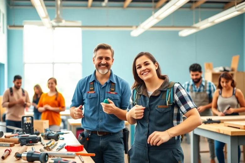 Students actively learning at hawaii trade schools with a supportive instructor in a vibrant workshop.