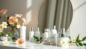 Kosmetika produktai puikiai atrodantys minimalistinėje aplinkoje.