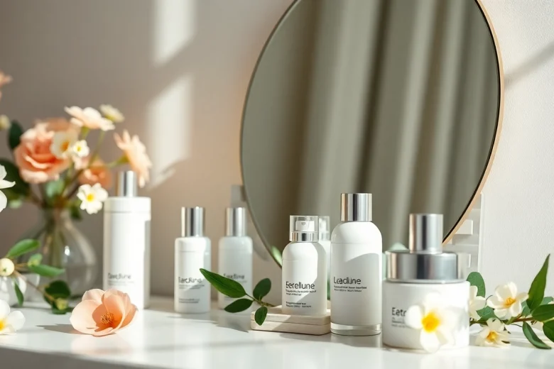 Kosmetika produktai puikiai atrodantys minimalistinėje aplinkoje.