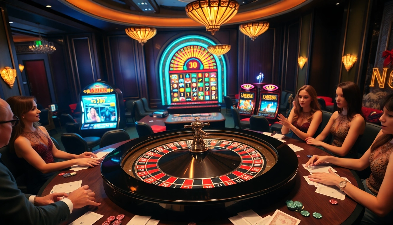 Intense gaming action at https://rr88.navy/ with players enjoying roulette and slot machines.