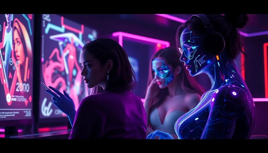 Explore innovative NSFW AI interfaces in a high-tech gaming lounge setting with alluring holographic characters.