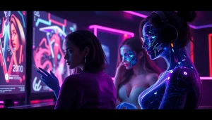 Explore innovative NSFW AI interfaces in a high-tech gaming lounge setting with alluring holographic characters.