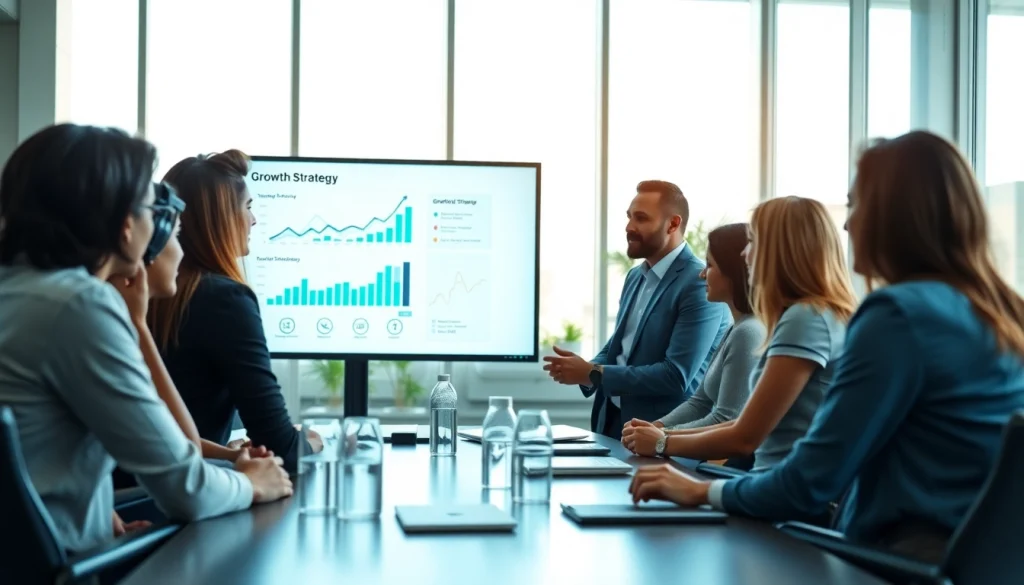 Engagement in a professional discussion on growth strategy trends showcasing a diverse team in a modern office.