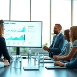 Engagement in a professional discussion on growth strategy trends showcasing a diverse team in a modern office.