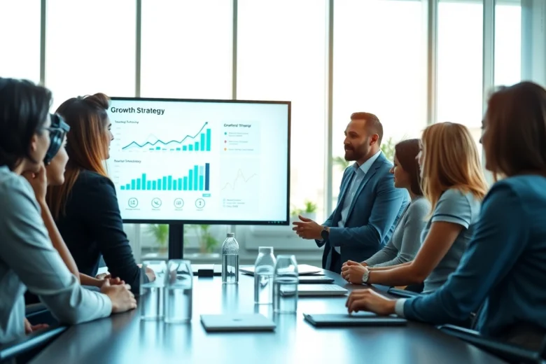 Engagement in a professional discussion on growth strategy trends showcasing a diverse team in a modern office.