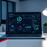 Cybersecurity AI interface on a futuristic laptop showcasing threat analytics and data visualizations.