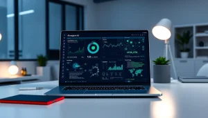 Cybersecurity AI interface on a futuristic laptop showcasing threat analytics and data visualizations.