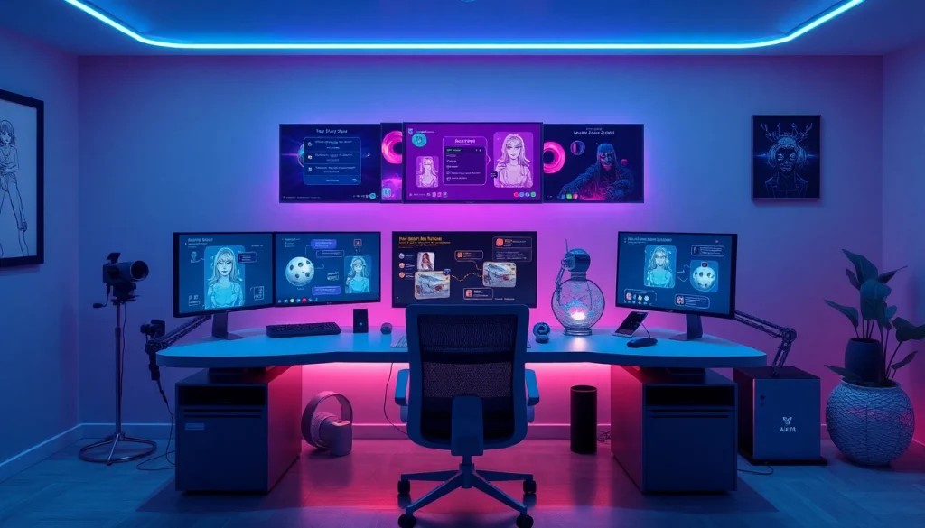A sleek workspace illustrating the best nsfw ai technology with interactive chat screens and elegant ambiance.