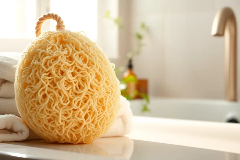 Enhance your skincare routine with the best back loofah for dry skin, beautifully showcased in a calming bathroom.