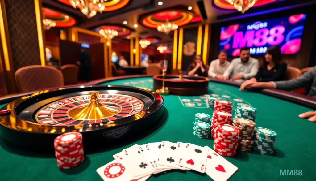 Play casino games at MM88, featuring vibrant poker chips and luxury roulette tables.
