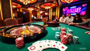 Play casino games at MM88, featuring vibrant poker chips and luxury roulette tables.