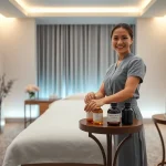 출장 마사지 in a luxurious hotel room setting with a professional therapist.