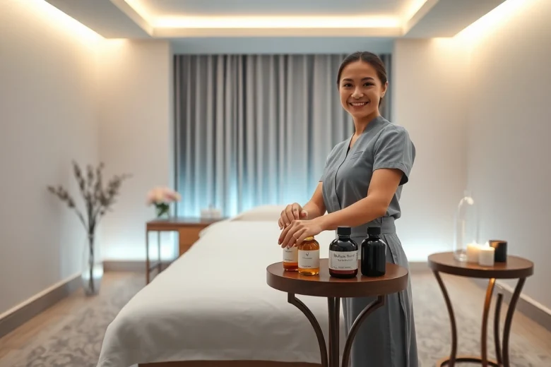 출장 마사지 in a luxurious hotel room setting with a professional therapist.