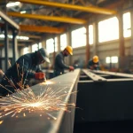 Welders skillfully performing structural steel welding with flying sparks in a vibrant workshop.