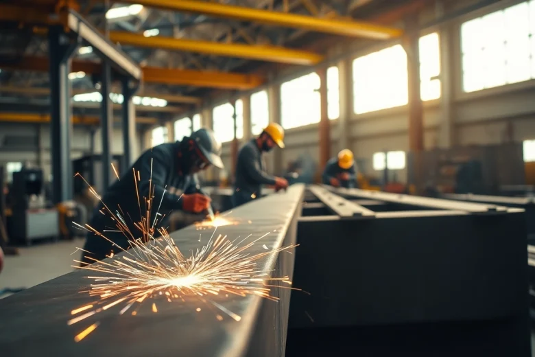 Welders skillfully performing structural steel welding with flying sparks in a vibrant workshop.