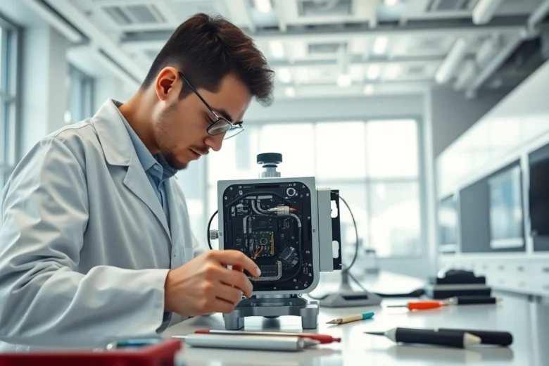 Technician operating the das 140 in a high-tech lab with modern tools and bright lighting.