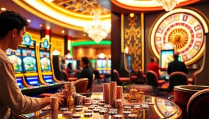 Engage with slot demo mahjong at modern casino machines surrounded by vibrant excitement.