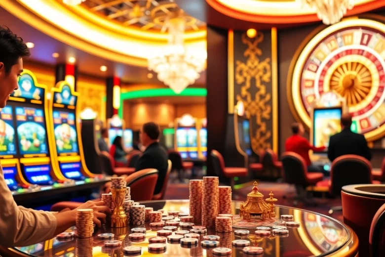 Engage with slot demo mahjong at modern casino machines surrounded by vibrant excitement.