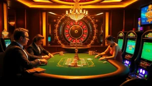 Players strategizing at a b52-themed poker table in a luxurious casino environment.