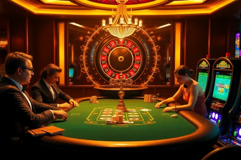 Players strategizing at a b52-themed poker table in a luxurious casino environment.