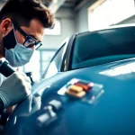 Ceramic coating near me being applied by a detailer on a shiny vehicle in a garage.