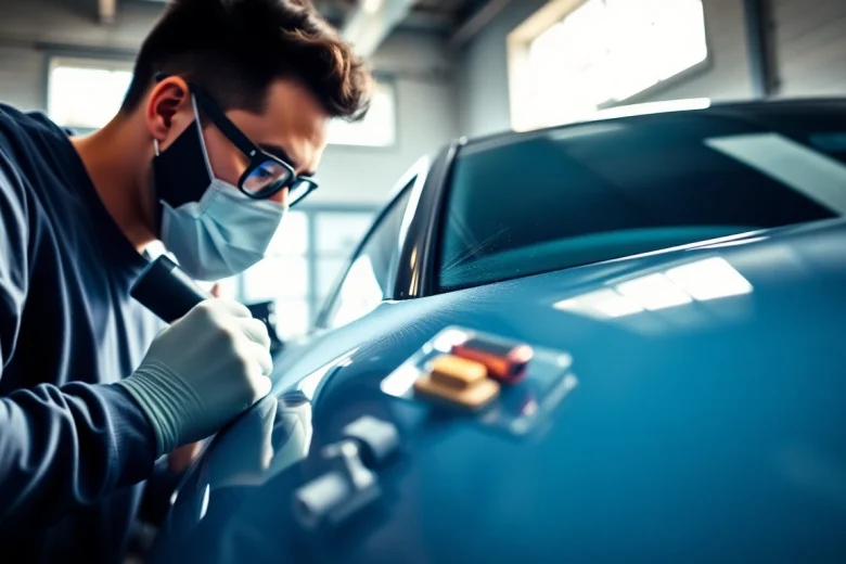 Ceramic coating near me being applied by a detailer on a shiny vehicle in a garage.