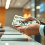 Menyetorkan 1k dolar dengan aman di bank, mengedepankan pengalaman teller profesional.