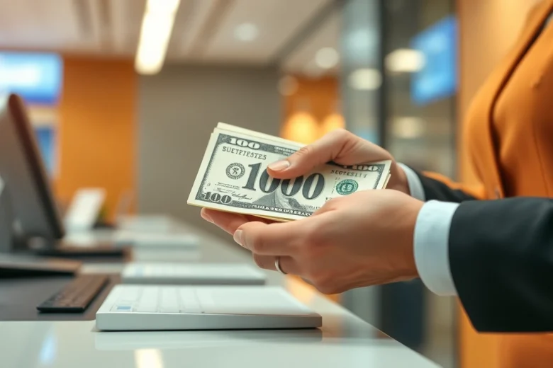 Menyetorkan 1k dolar dengan aman di bank, mengedepankan pengalaman teller profesional.