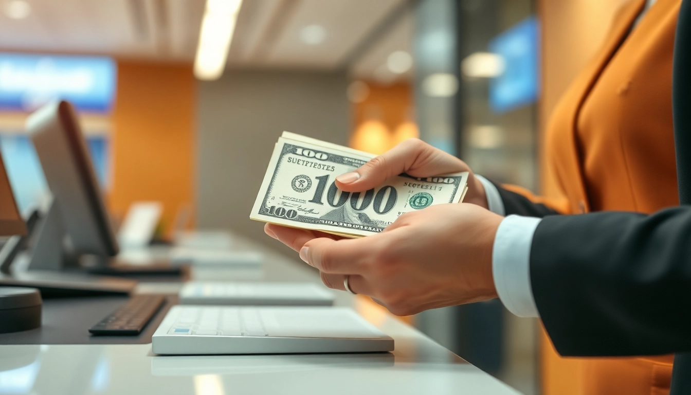 Menyetorkan 1k dolar dengan aman di bank, mengedepankan pengalaman teller profesional.