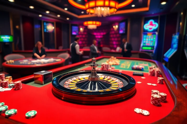 Pemain menikmati aksi taruhan tinggi di meja kasino yang dinamis dengan dekorasi bertema Datukwin.