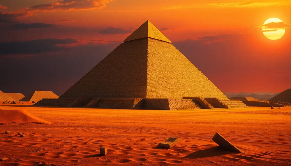 Explore the intricate textures of piraminds under a vibrant sunset, surrounded by ancient artifacts.