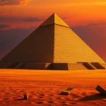 Explore the intricate textures of piraminds under a vibrant sunset, surrounded by ancient artifacts.