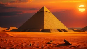 Explore the intricate textures of piraminds under a vibrant sunset, surrounded by ancient artifacts.