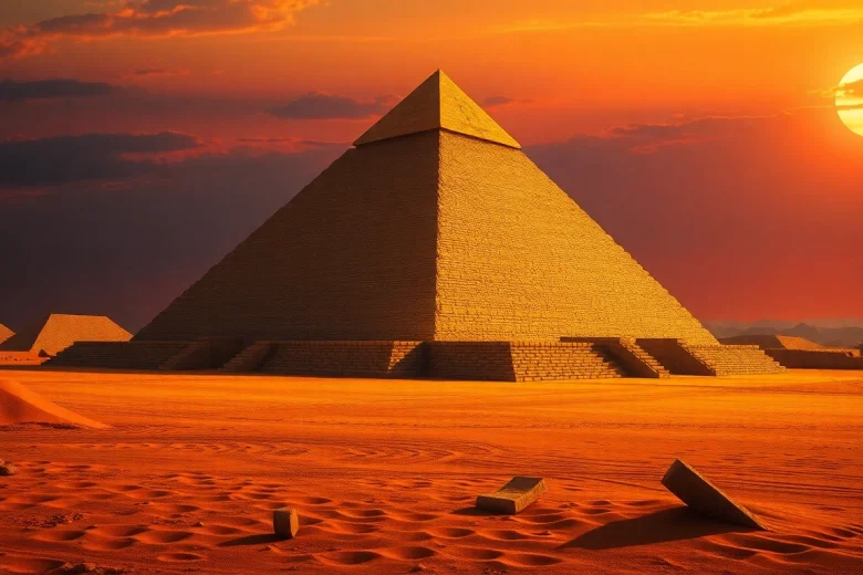 Explore the intricate textures of piraminds under a vibrant sunset, surrounded by ancient artifacts.