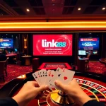 Link rr88 promo displayed in a luxurious casino filled with excited players at gaming tables.