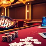U888 online casino with a luxurious roulette wheel, vibrant slot machine, and professional gaming setup.