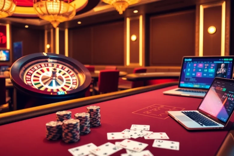 U888 online casino with a luxurious roulette wheel, vibrant slot machine, and professional gaming setup.
