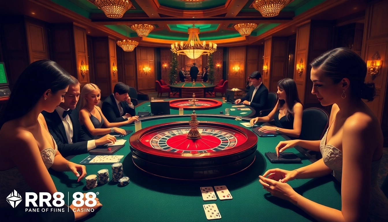 RR88 players enjoying exciting casino games with vibrant poker chips and cards.