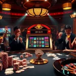 Players engaging with an idn slot machine in a luxurious casino atmosphere, surrounded by vibrant lights and excitement.