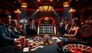 Players engaging with an idn slot machine in a luxurious casino atmosphere, surrounded by vibrant lights and excitement.