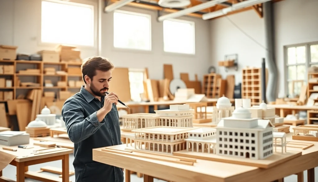 Architekturmodellbau Münster: Detaillierte Modellwerkstatt mit Handwerker und kreativen Materialien.